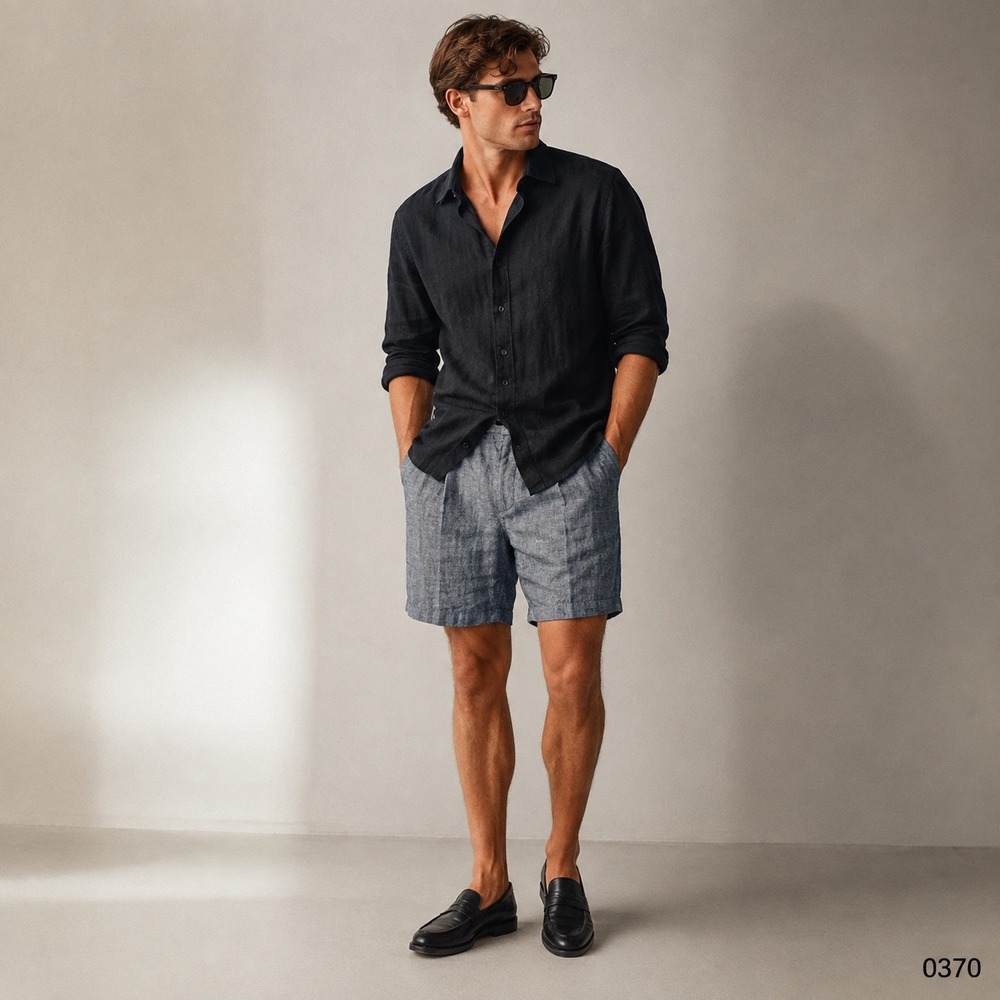 DKNY Mens 100% Linen Herringbone Shorts Grey White Size 36 0370